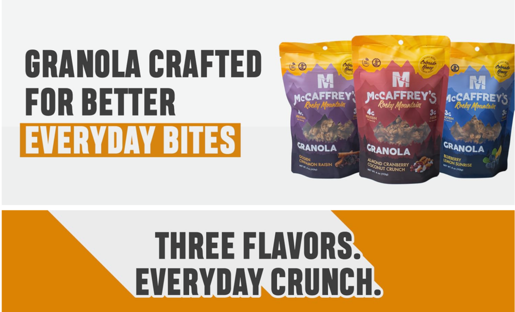 Three McCaffrey Granola flavors: Blueberry Lemon, Almond Cranberry Coconut, Golden Cinnamon Raisin